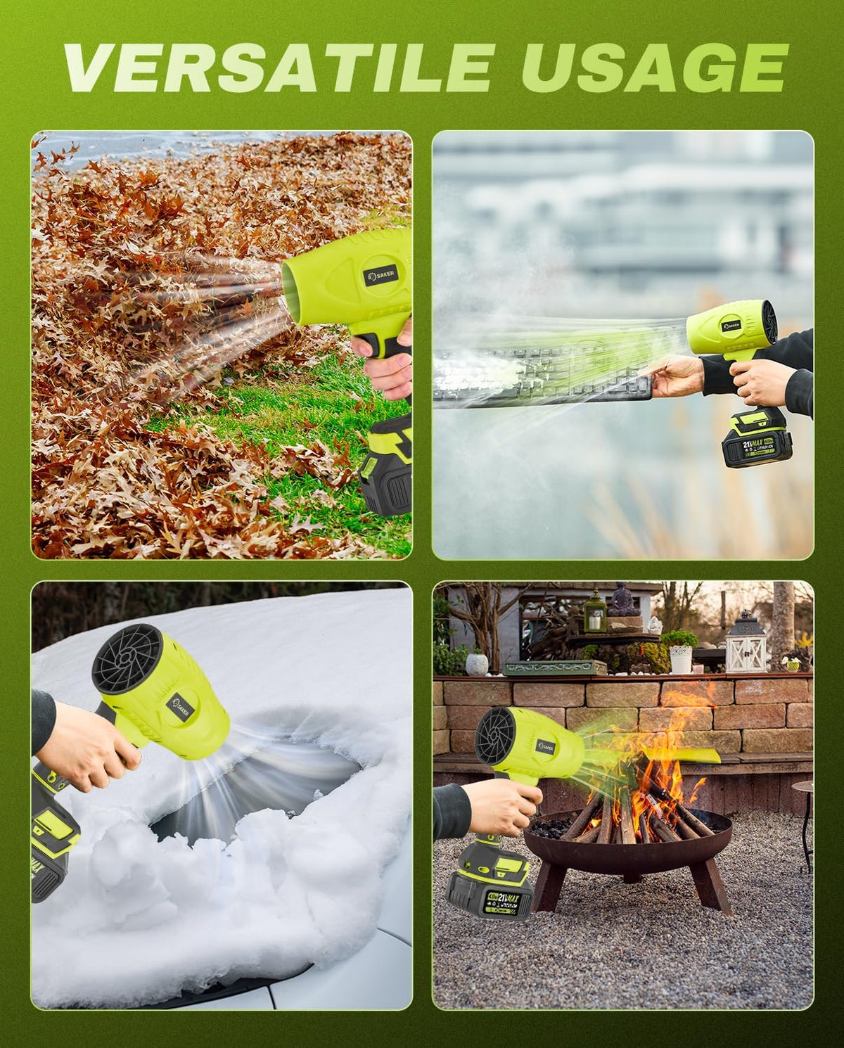 Saker Cordless Leaf Blower Portable Dust Cleaner Handheld Blowers 2 x 4.0Ah Batteries 180000 RPM Air Duster with Adjustable Speed for Drying Patio Cleaning Green