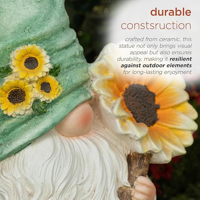 Alpine Corporation MCC842 Indoor/Outdoor Gnome Holding Sunflower Garden Statue, Charming Gnome Statue w/Hat, 21" H, Turquoise