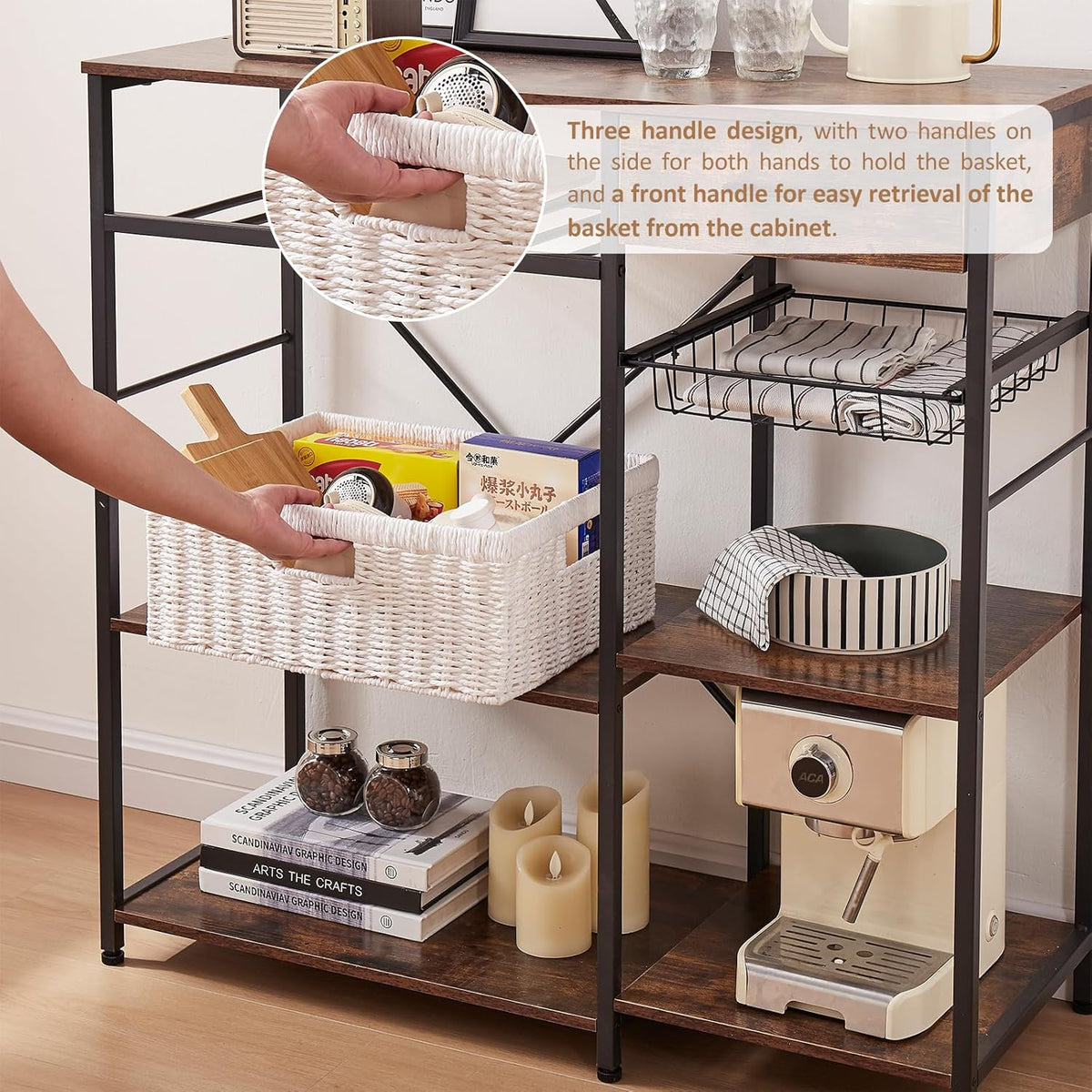 OIAHOMY Wicker Basket, Paper Shelf Basket with Built-in Handles, Rectangular Wicker Storage Bin for Pantry, Shelves, 1 Pack-White