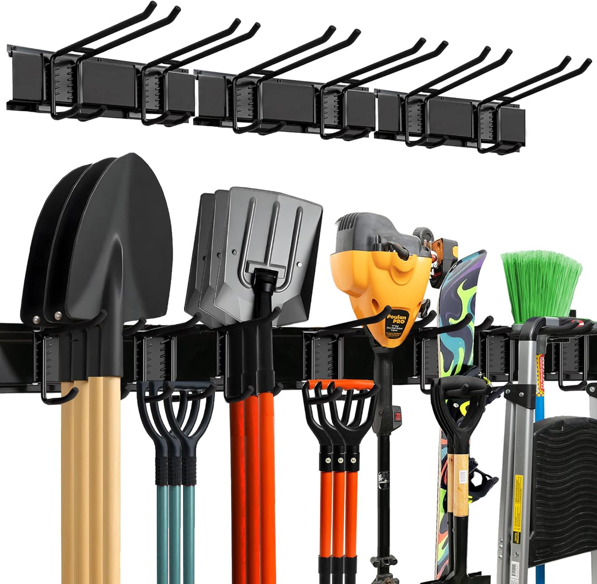 Garage Wall Organizer | 48" Heavy-Duty Tool Storage Rack | Adjustable Double-Layer Hooks | 300 lbs Capacity | Carbon Steel Wall Mount Holder for Shovels, Rakes, Ladders & Power Tools