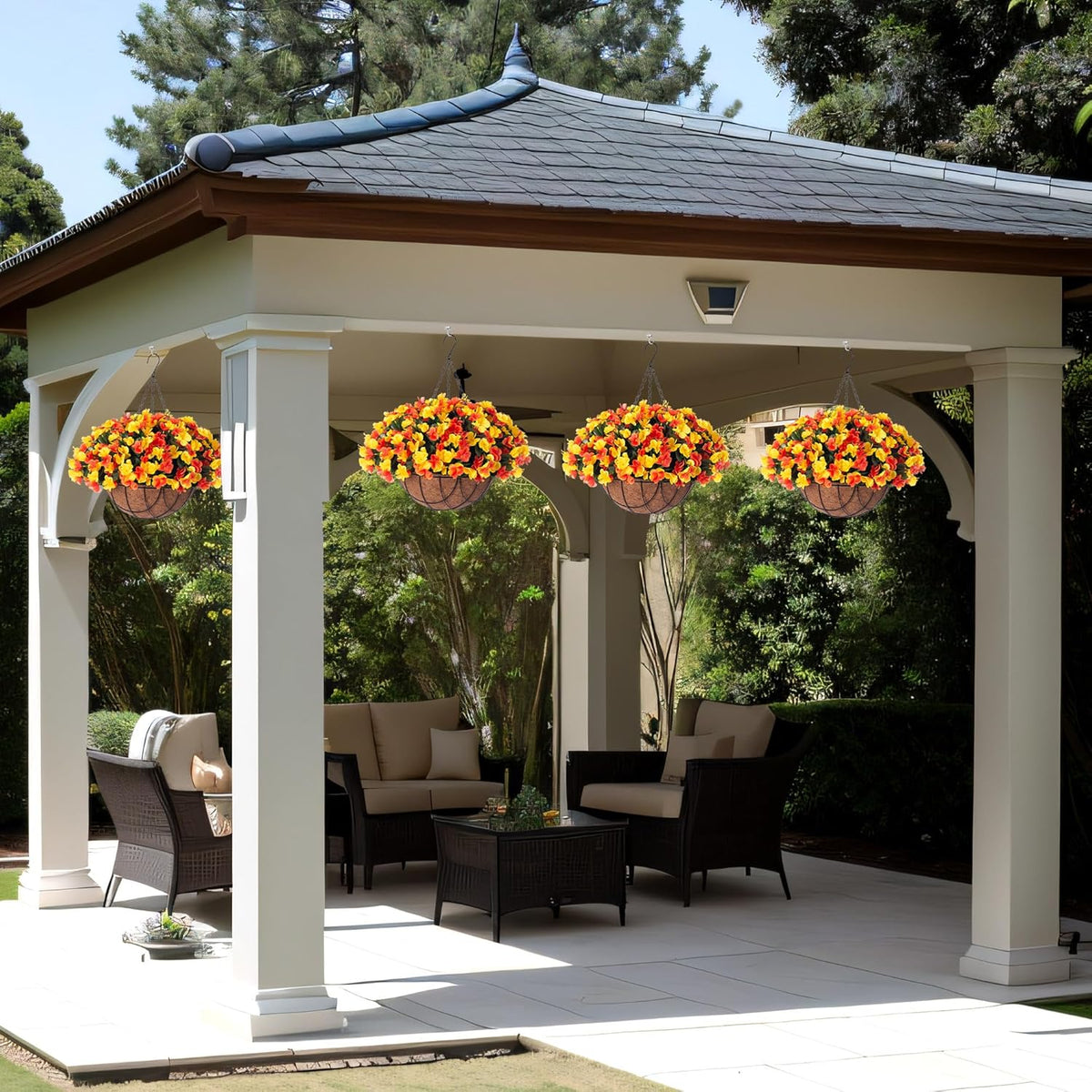 Fall Artificial Hanging Flowers with 12" Basket for Outdoor Decor, Fake Hydrangea UV Resistant Arrangements in Pot Planter Decor for Autumn Porch Garden Yard(OrangeYellow)