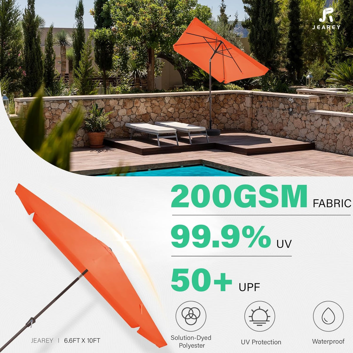 JEAREY 6.6 FT x 10 FT Rectangular Patio Umbrellas Outdoor Large Market Umbrella Pool w/Tilt & Crank Lift System 6 Sturdy Ribs UV Protection Waterproof Sunproof Orange