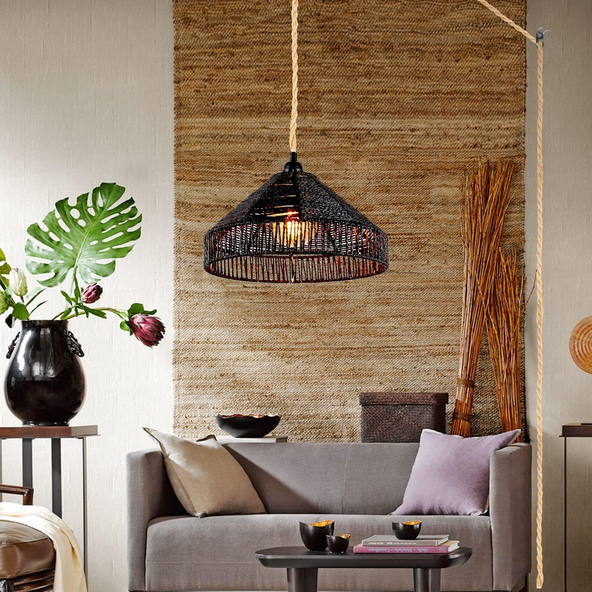 Plug in Pendant Light Rattan Hanging Lamp with On/Off Switch 15 Ft Hemp Rope Modern Woven Pendant Light Fixtures 12" Handwoven Rattan Basket Shade Boho