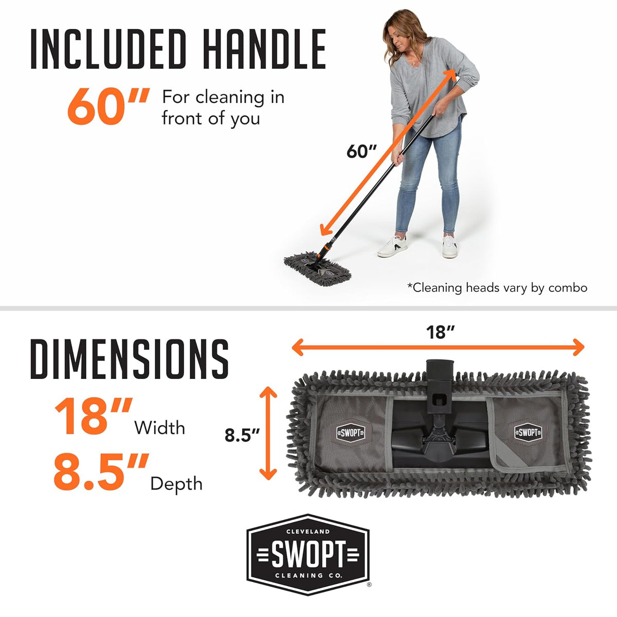 SWOPT 18” Microfiber Dust Mop + 60" Steel Handle, Combo — Dust Mop Head with Long Handle Interchangeable with All SWOPT Cleaning Products — Clean Hard-to-Reach Areas, Machine Washable