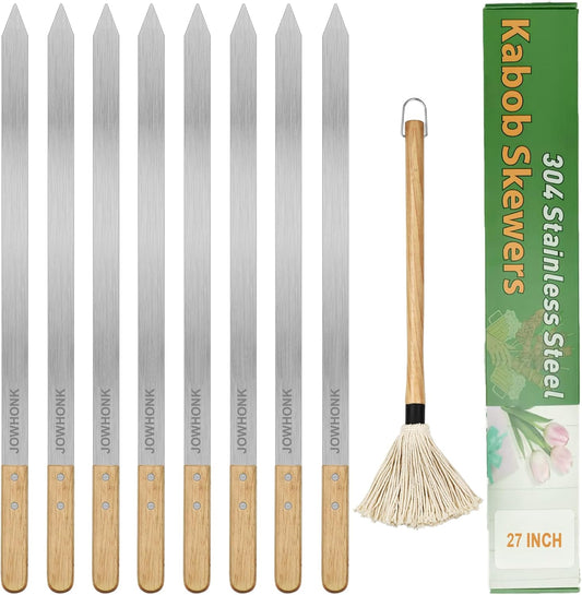 27 Inch Extra Long 1 Inch Wide Kabob Skewers for Grilling, Premium 304 Stainless Steel Barbecue Skewer with Wood Handle,Metal Flat Kebab Skewers include 8PCS BBQ Skewer,1PCS Grill Mop Brush