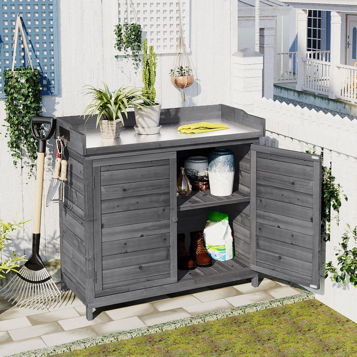 Merax Outdoor 39" Potting Bench Table, Rustic Garden Wood Workstation, Storage Cabinet with 2-Tier Shelves and Side Hook, Grey