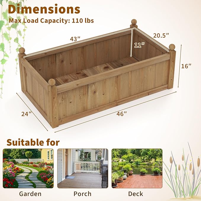 HAPPYGRILL Wood Raised Garden Bed, 46” x 24” x 16” Rectangular Flower Box w/Drainage Holes for Growing Vegetables, Flowers, Herbs, Outdoor Planter Box for Backyard Garden Lawn