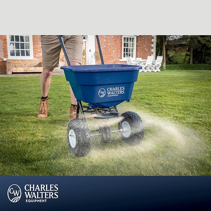 Charles Walters Equipment CW2000 Estate Style Broadcast Spreader for Spreading Fertilizer and Ice Melt on Lawns, Sidewalks, and Driveways, 65lb Capacity, 35" x 35"