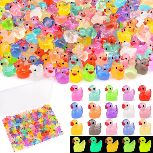 200PCS Mini Resin Animals Cute Tiny Ducks Glow in Dark,Miniature Duck Figures to Hide,Little Animal Toys Small Figurines Bulk for Topper Desk Garden Dollhouse Landscape Ornaments DIY Crafts & Decor