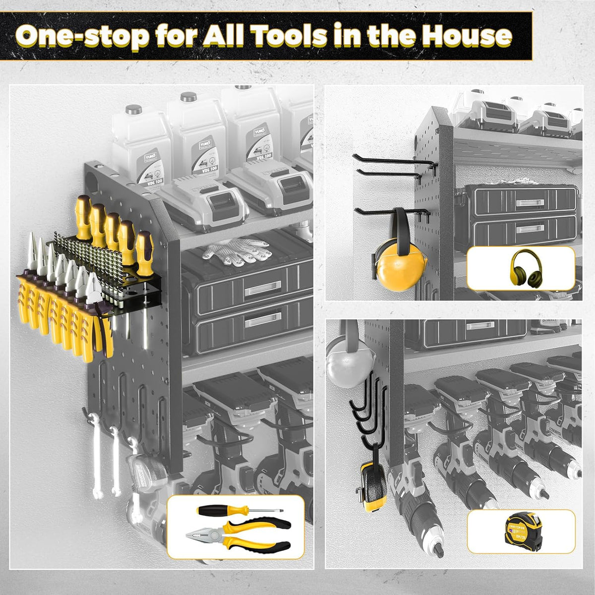 KAFAHOM Power Tool Organizer,Large 8 Drill Holder Wall Mount with 2 Side Pegboards,Metal Tool Shelf with 12 Hooks,Storage Rack for Garage Organization,Utility Cordless Drill Holder - Yellow
