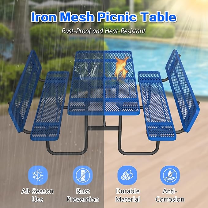 79'' Steel Rectangular Picnic Table for Outdoors, with backrest, Expanded, Lifetime Picnic Table with Umbrella Hole, Heavy Duty Sturdy Commercial Picnic Tables for Garden Courtyard BBQ, Blue
