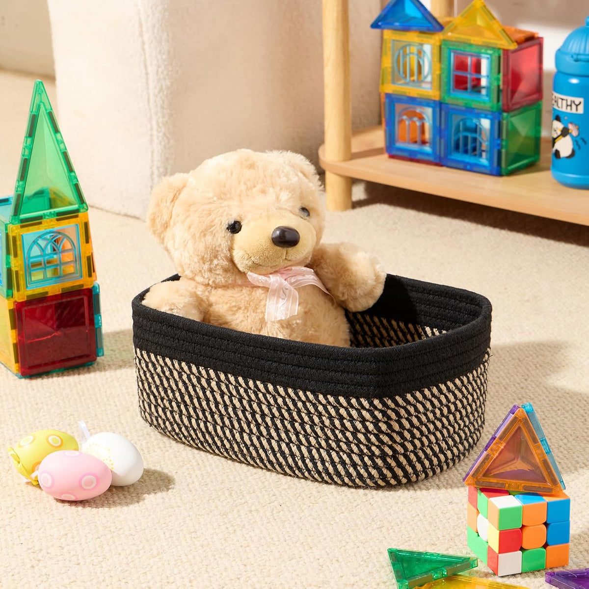 Small Storage Baskets for Organizing | Closet Organizer Bins | Shelf Toy Basket | Woven Rope Baskets | Cube Decorative Box | Shallow Basket | 11.5x7.5x4.7” | 4 Packs Black Brown