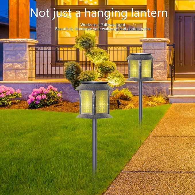 2 Pack Solar Lanterns Outdoor Waterproof, 3D Hanging Solar Lights, Type-C Rechargeable LED Pathway Lights with 2 Modes (Steady & Flashing), for Garden Decor, Patio, Yard, Camping