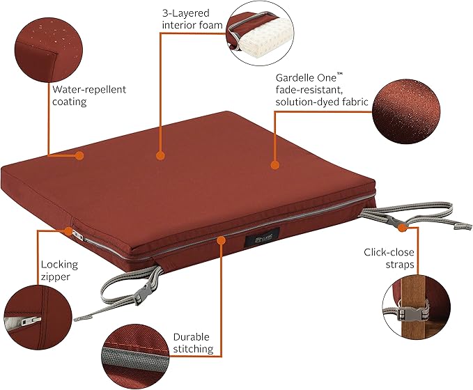 Classic Accessories Ravenna Water-Resistant Patio Chair Seat Cushion, 18 x 18 x 2 Inch, Spice, Patio Furniture Cushions