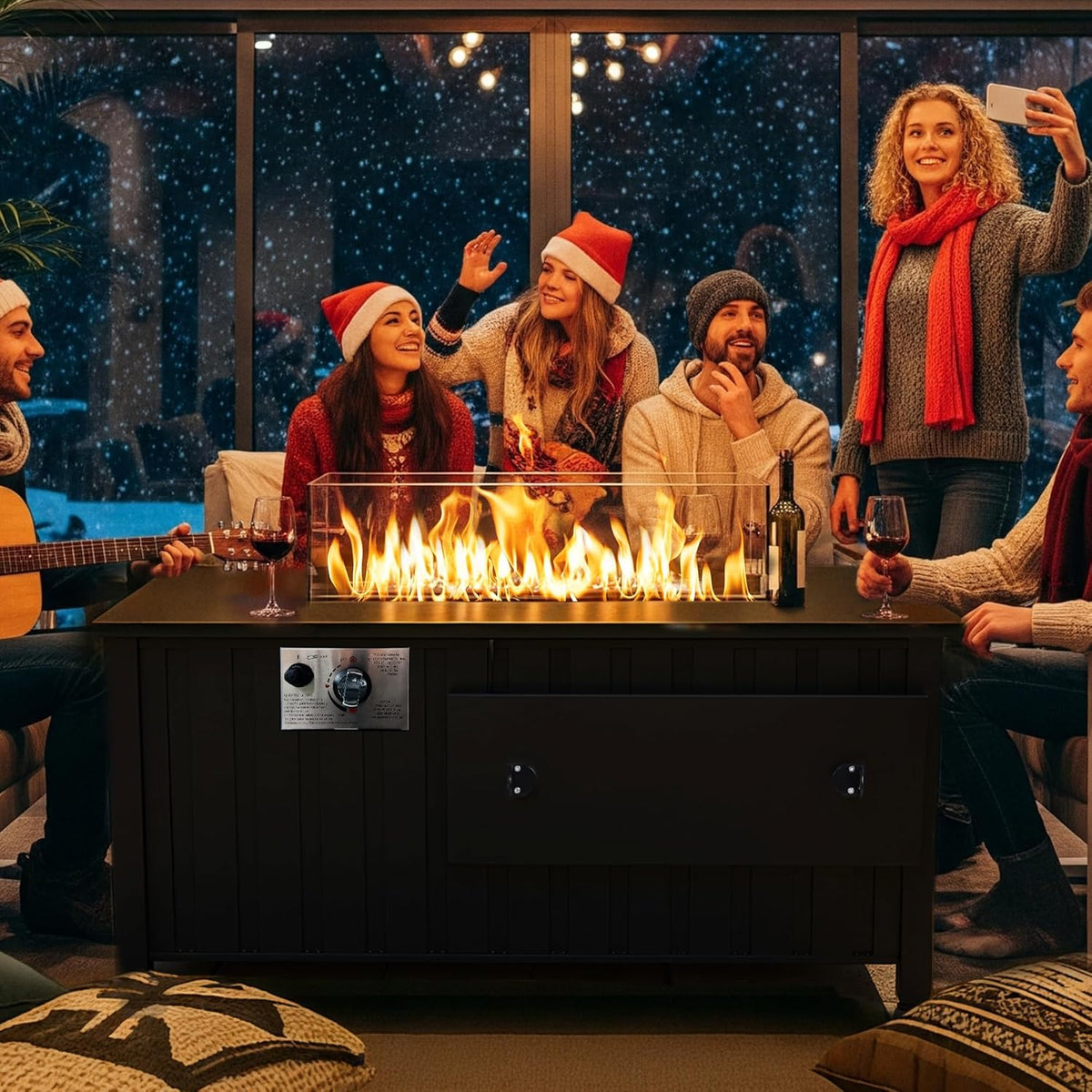 KOL 50,000 BTU Propane Fire Pit Table with Cabinet-39.5in Black Gas Fireplace with Glass Wind Guard & Lid, Outdoor Rectangular Cold Rolled Plate Plastic Spraying Firepits for Patio, Backyard, Balcony