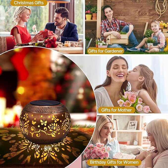 Butterfly Solar Lantern Outdoor Patio Decor, 2 Pack Retro Metal Waterproof Garden Decor Solor Lights, Birthday Gifts for Women Mom Grandma ,Yard Porch Garden Balcony Decorations