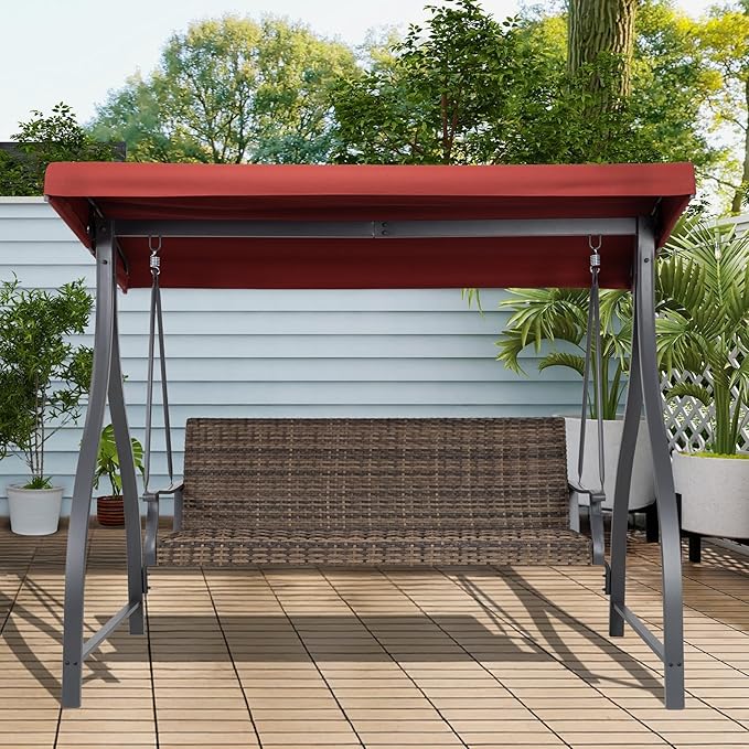 BPS 3 Seat Outdoor Porch Swing with Adjustable Canopy, PE Wicker Patio Swing Chair with Quick-Drying Foam Seat, 882 LBS Capacity, Proch Swings for Deck, Backyard, and Lawn, Red