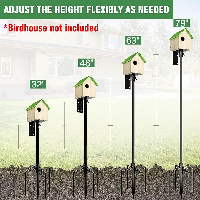 Bird Feeder Pole, 79 Inch Heavy Duty Bird House Pole Mount Kit for Outdoors, Adjustable Metal Bird Feeding Stand, with 2-Hooks, 5-Prong Base for Hanging Feeders, Black