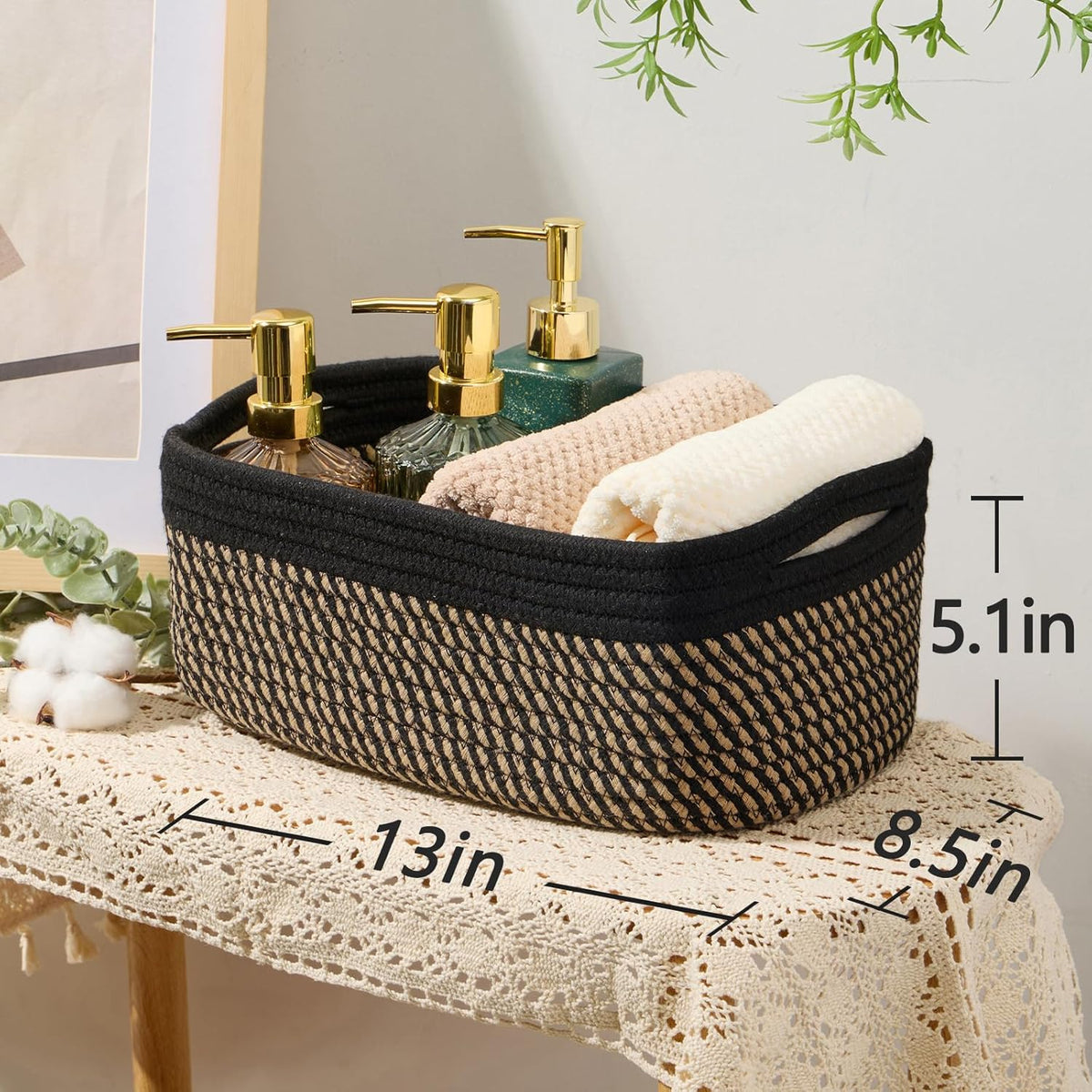Small Storage Baskets for Organizing | Closet Organizer Bins | Shelf Toy Basket | Woven Rope Baskets | Cube Decorative Box | Shallow Basket | 13x8.5x5.1” | 4 Packs Black Brown