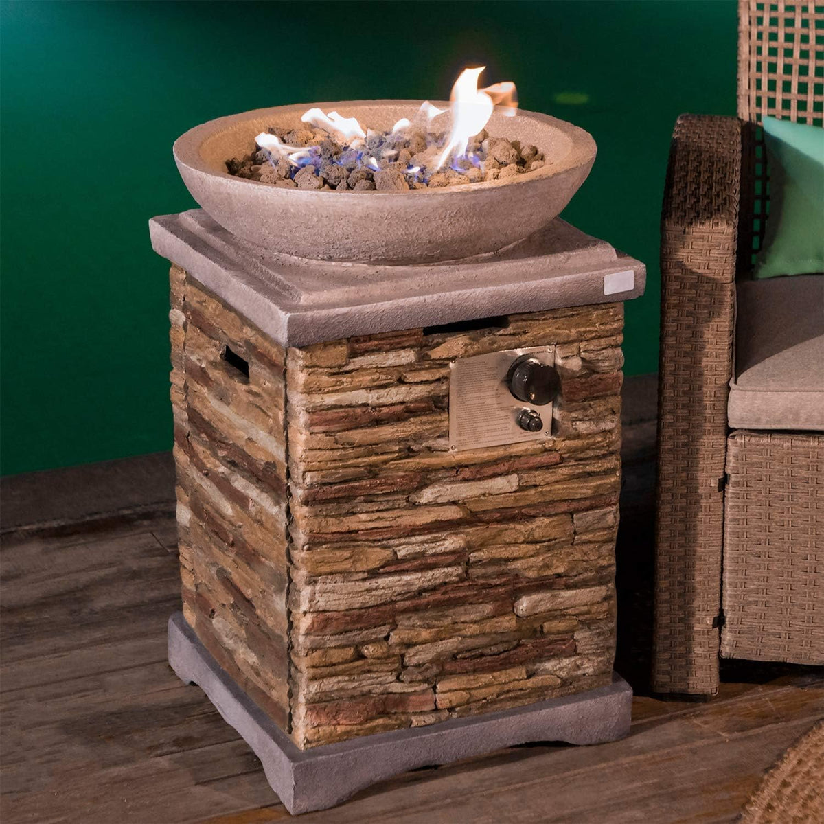 COSIEST Outdoor Propane Fire Pit Table w Faux Brown Compact Ledge Stone 20" Square Base and Faux Rose-Marble Round Bowl, CSA Certified, 40,000 BTU, Free Lava Rocks, Fits 20lb Tank Inside, Raincover