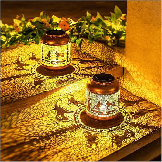 2 Pack Wolf Solar Lanterns Outdoor Waterproof Hanging Solar Lights Wolf Gifts for Women Men Mom Metal Decorative LED Outdoor Lanterns for Patio, Lawn, Landscape, Garden Decor, Yard Decorations