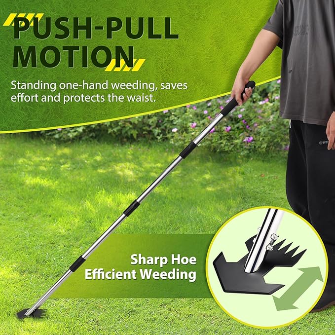 Hoe Garden Tool, Scuffle Garden Hoe for Weeding with 30-60 Inch Steel Long Handle, Dual Use Sharp Gardening Hula Hoe, Adjustable Rocket Shaped Weed Remover Action Hoe