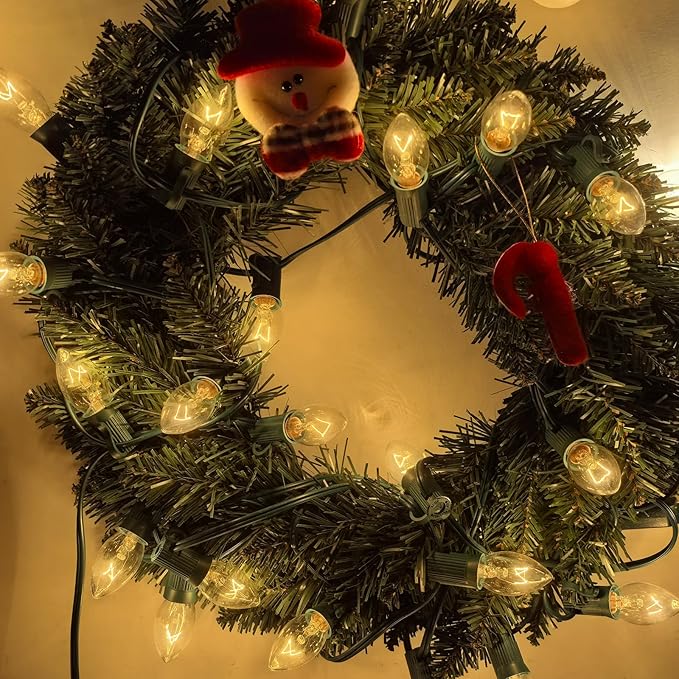 C7 Clear Christmas Lights, 25Ft Outdoor Christmas String Lights with 27 Warm White Incandescent Bulbs, Connectable Vintage Christmas Lights for Outdoor Patio Christmas Party House Decorations, Green