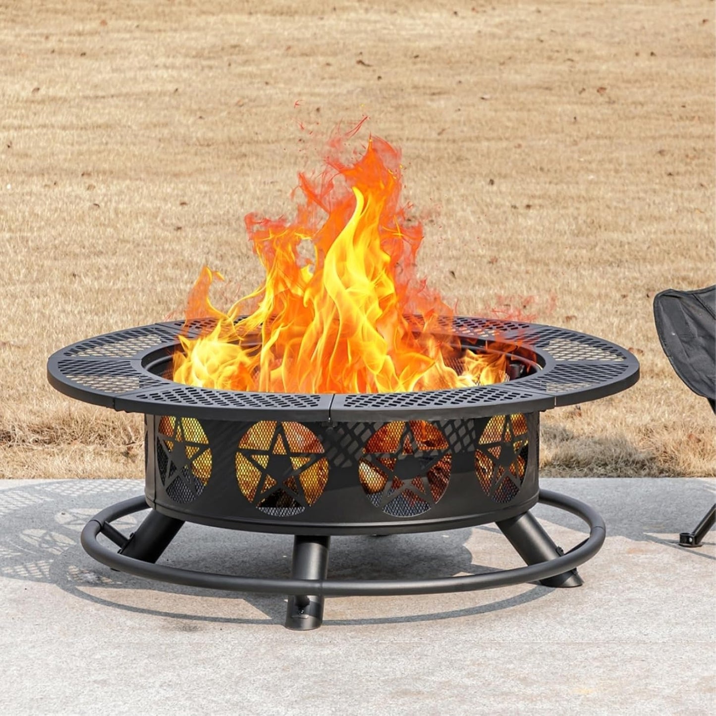 36 Inch Fire Pit with 2 Grills, Wood Burning Fire Pits for Outside with Lid & Poker, BBQ& Outdoor Firepit & Round Metal Table 3 in 1 for Patio, Picnic, Party