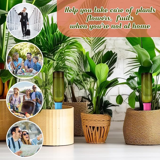 12 Set Plant Watering Devices Include Terracotta Self Watering Spikes and 26 oz Plastic Bottles, Slow Release Vacation Insert Automatic Plant Waterer Device (Green and Mixed Color)