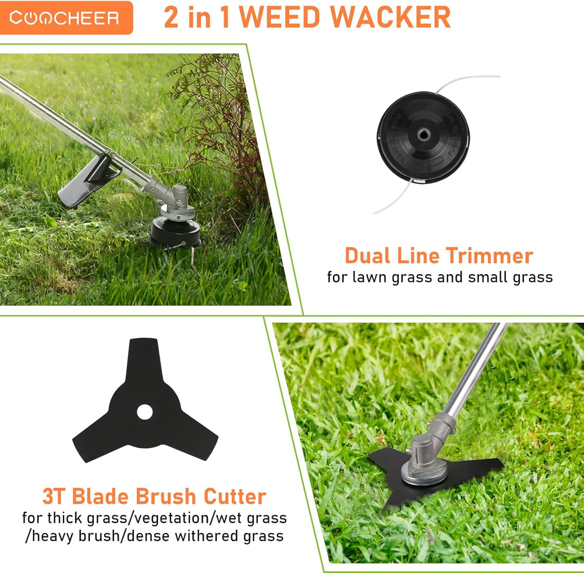 Weed Wacker String Trimmer, 42.7CC Cordless Grass Gas Powered Weed Wacker 2-in-1 Straight Shaft String Trimmer Brush Cutter with 2 Detachable Head for Grass/Heavy Bush