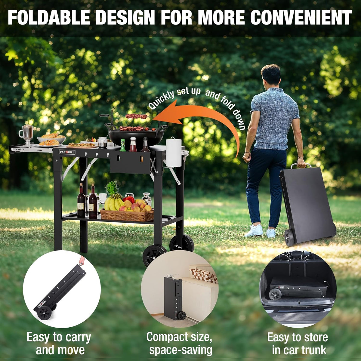 Outdoor Grill Table, Folding Grill Cart with Pull-out Side Table, Blackstone Griddle Stand, Fit 17 Inch Or 22 Inch, Stainless Steel BBQ Prep Station, Pizza Oven Stand