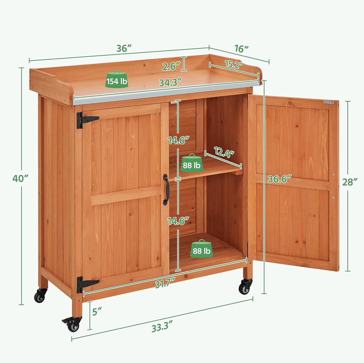 Yaheetech Garden Potting Bench Table - Outdoor Garden Patio Wooden Storage Cabinet & Solid Wood Planting Work Bench with Large Space Storage & Metal-Plated Tabletop, Brown