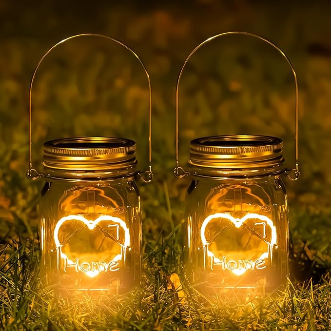 Hanging Solar Mason Jar Lights, 4 Pack Warm Heart Shape Led Lights, Solar Powered Lanterns Outdoor Waterproof, Hangers and Jars Included, Gift for Lover, Home Party Wedding Garden Patio Decor (4)