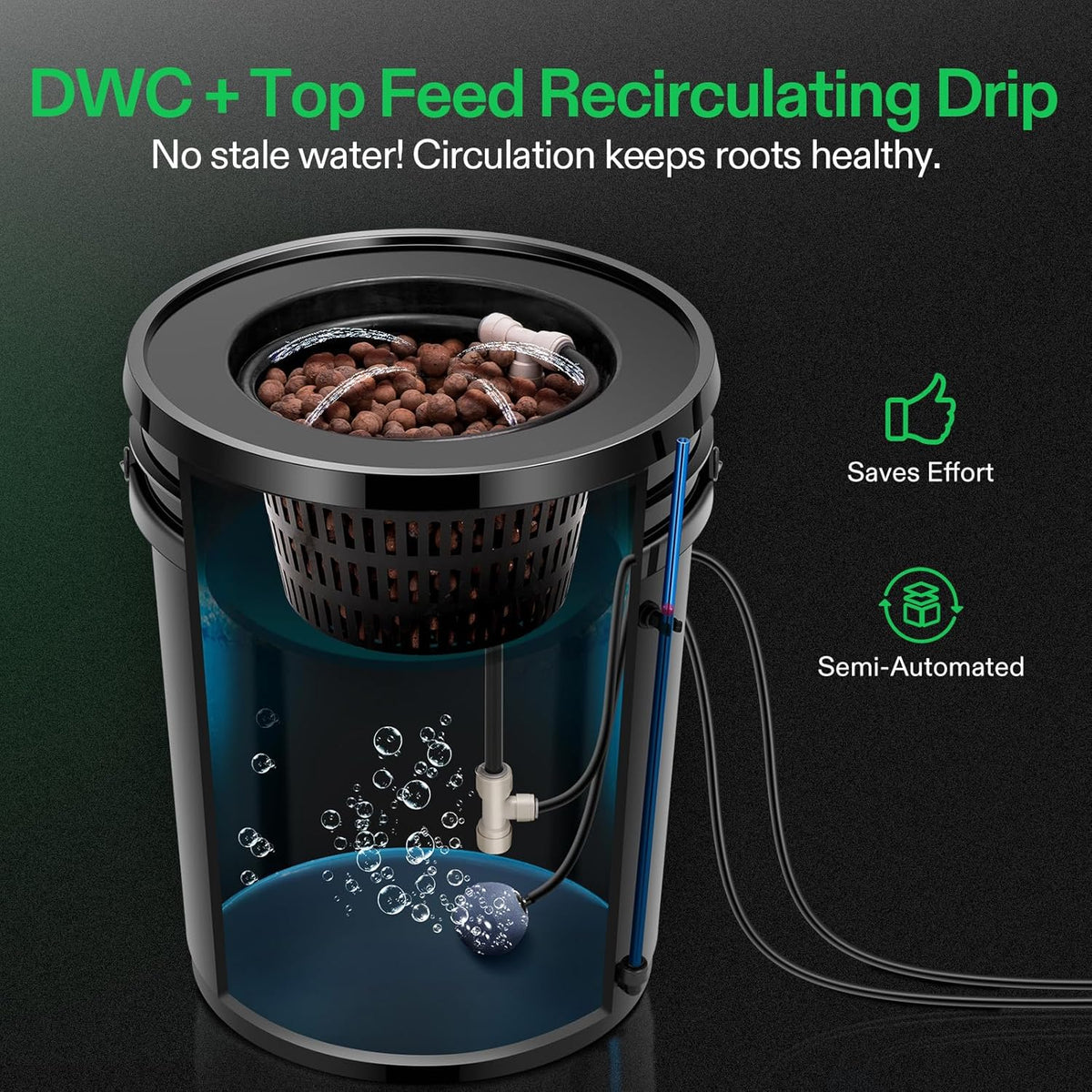 VIVOSUN DWC Hydroponics Grow System with Top Drip Kit, 5-Gallon Deep Water Culture, Recirculating Drip Garden System with Multi-Purpose Air Hose, Air Pump, and Air Stone (2 Buckets + Top Drip Kit)