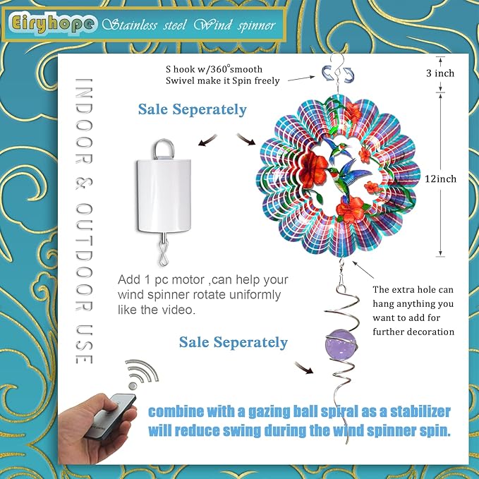 Hummingbird Wind Spinner - Hummingbird Gift for Women Men, Metal Wind Spinners for Outdoor & Indoor Decoration 12in 3D Hanging Bird Wind Catcher Unique Garden Decor Kinetic Yard Art Ornament