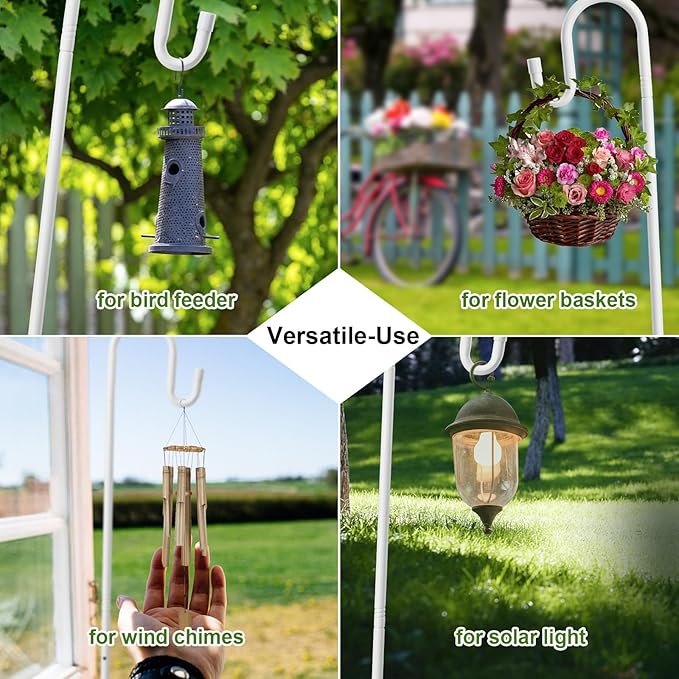Bird Feeder Pole with Shepherds Hook - Heavy Duty Hummingbird Feeder Stand with 5 Prong,78" Adjustable Rustproof Garden Hooks Outdoor for Hanging Birdfeeder,Wind Chimes,Lanterns,Solar Lights,White