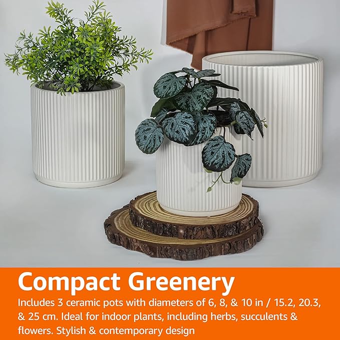 Amazon Basics Assorted Sizes Fluted Ceramic Round Indoor Outdoor Planters with Drainage, Set of 3, Modern Design, 6 inch, 8 inch, 10 inch, White