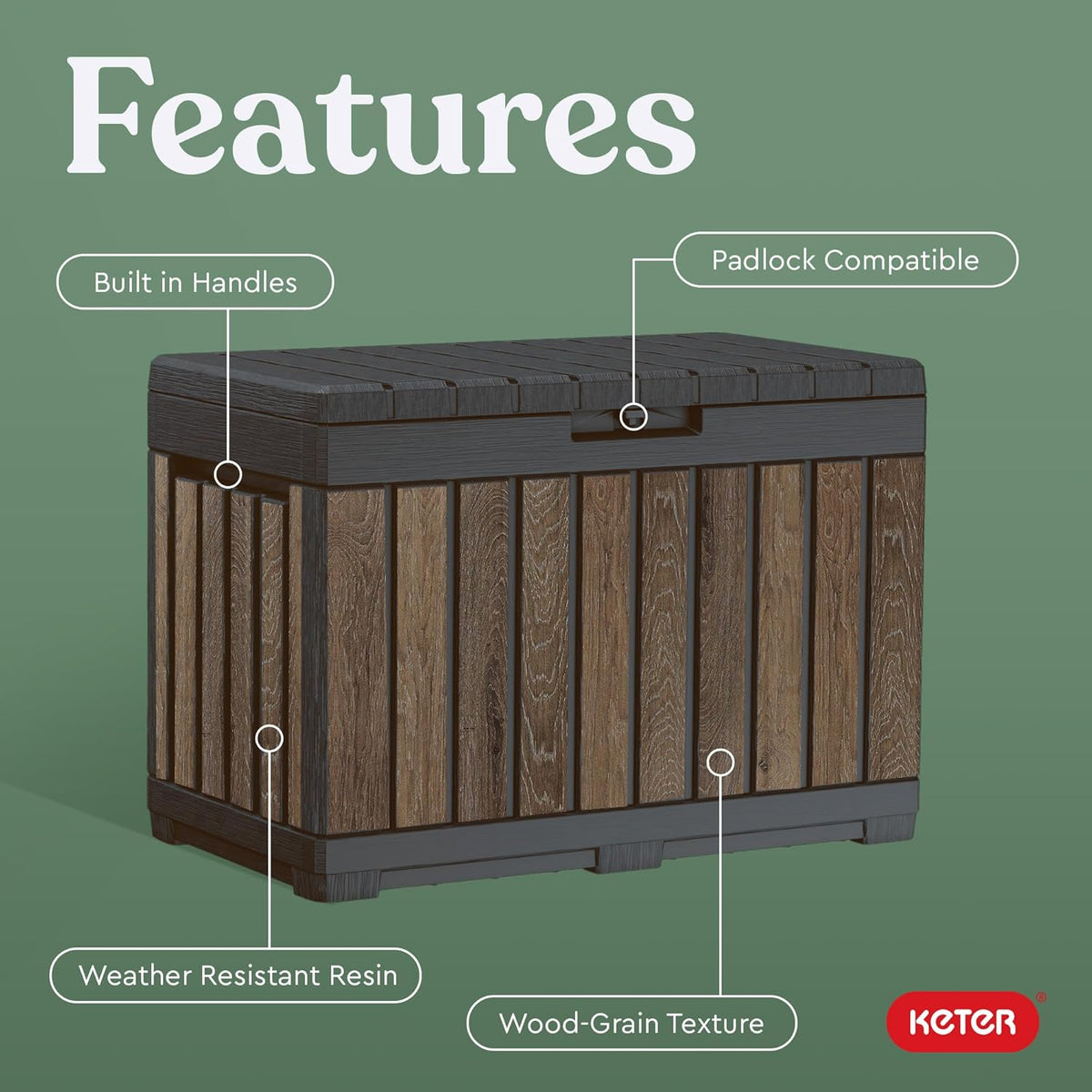 Keter Signature Everwood 50 Gallon Resin Outdoor Storage Box and Patio Furniture Side Table for Pool and Garden Accessories, Walnut