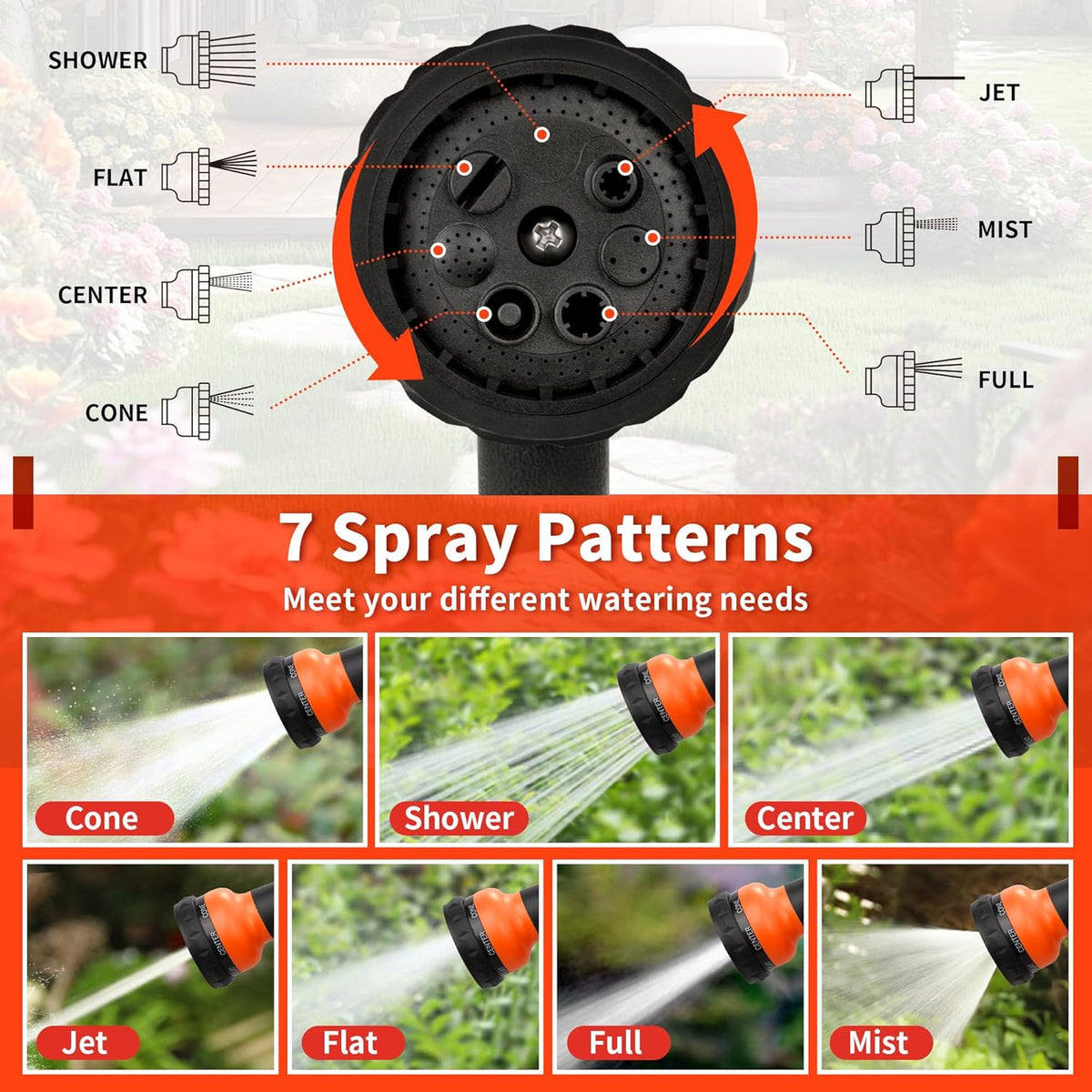 NEXCOVER Garden Hose Nozzle Sprayer - 7 Adjustable Watering Patterns Nozzle for Water Hose, Non-Slip Garden Spray Nozzle for Car Washing, Watering Plants, Pets Showering, Lawns Cleaning, Orange