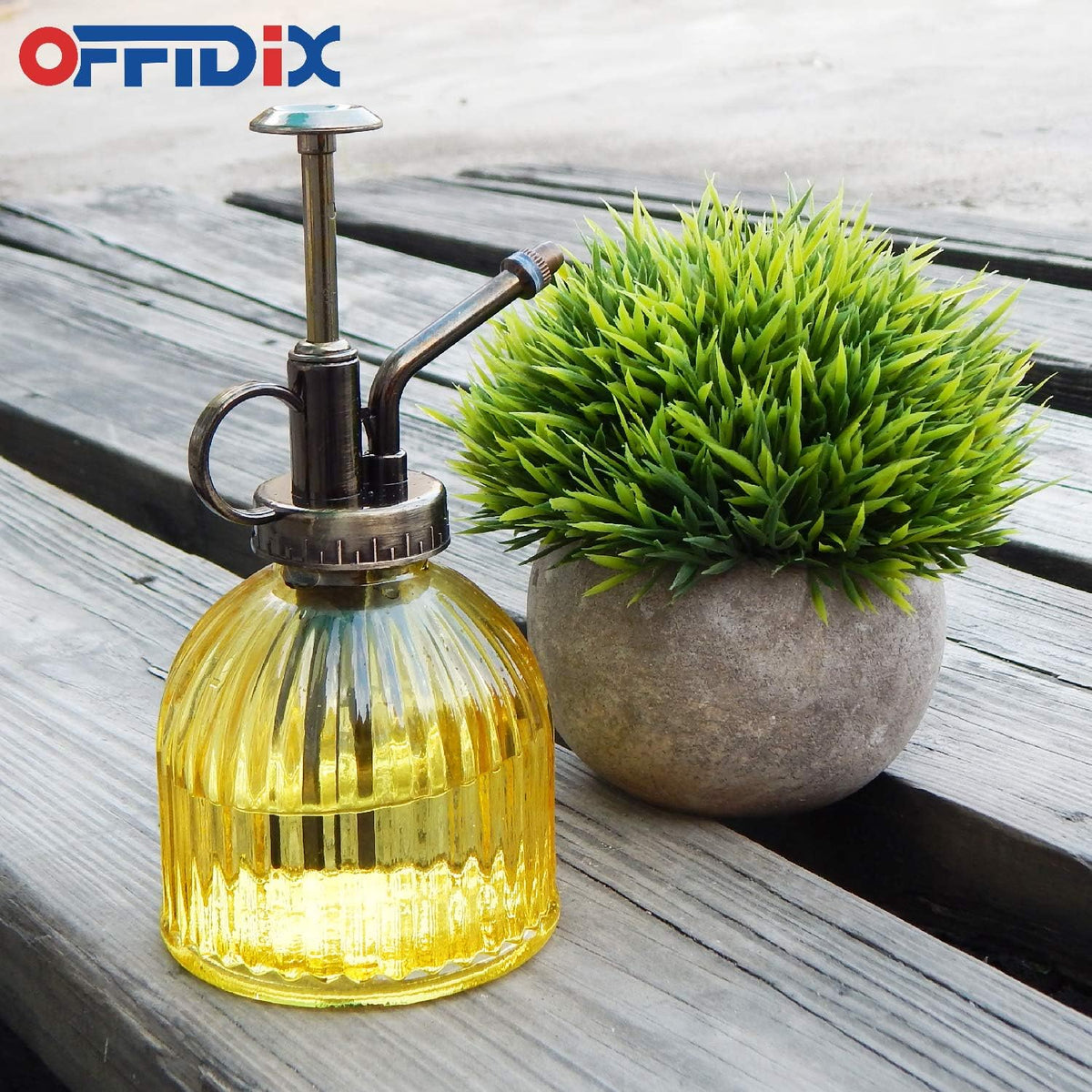 OFFIDIX Glass Watering Spray Bottle, 6.3" Tall Vintage Style Decorative Plant Atomizer Watering Can Pot with Bronze Plastic Top Pump for Indoor Potted Plants(Yellow)
