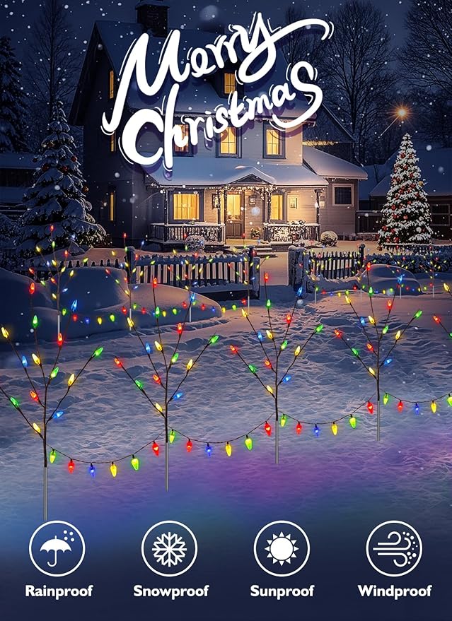 Brightown LED Twig Lights, 2 Sets Total 8 Packs Lighted Branches for Vases Plug in, C6 Driveway Christmas Lights, Outdoor Christmas Stems Outdoor Decorations Yard, Multicolor