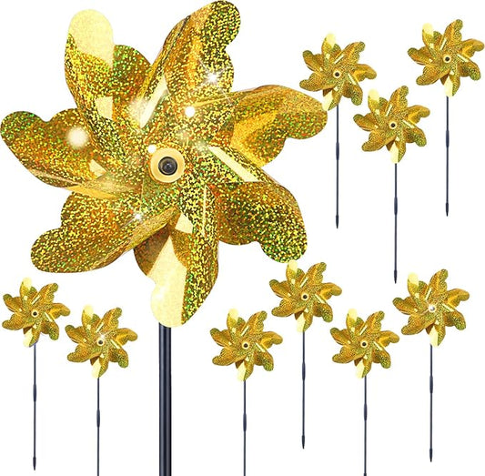 BATTIFE Golden Pinwheels for Garden, 10 Pack Reflective Wind Spinner to Scare Birds Away, Sparkly Pinwheel Deterrent, Outdoor Gold Pinwheel for Lawn and Patio
