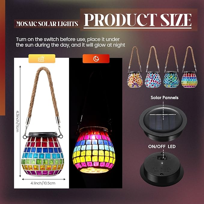 4 Pack Mosaic Solar Lights Outdoor Hanging Lanterns Waterproof Mosaic Lamp Decorative Solar Lanterns Night Lights for Garden, Patio, Yard, Holiday Party Decoration, 4 Pattern