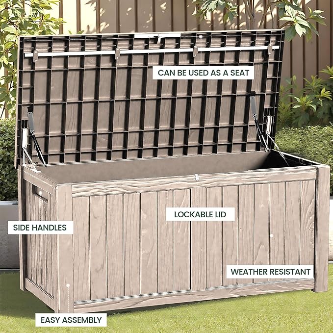 120 Outdoor Storage Box, Waterproof Resin Deck Box for Indoor & Outdoor Use, Lockable Storage Bench with Piston Hinge, Storage Bin for Patio Cushions, Garden Tools, Package Delivery, Grey