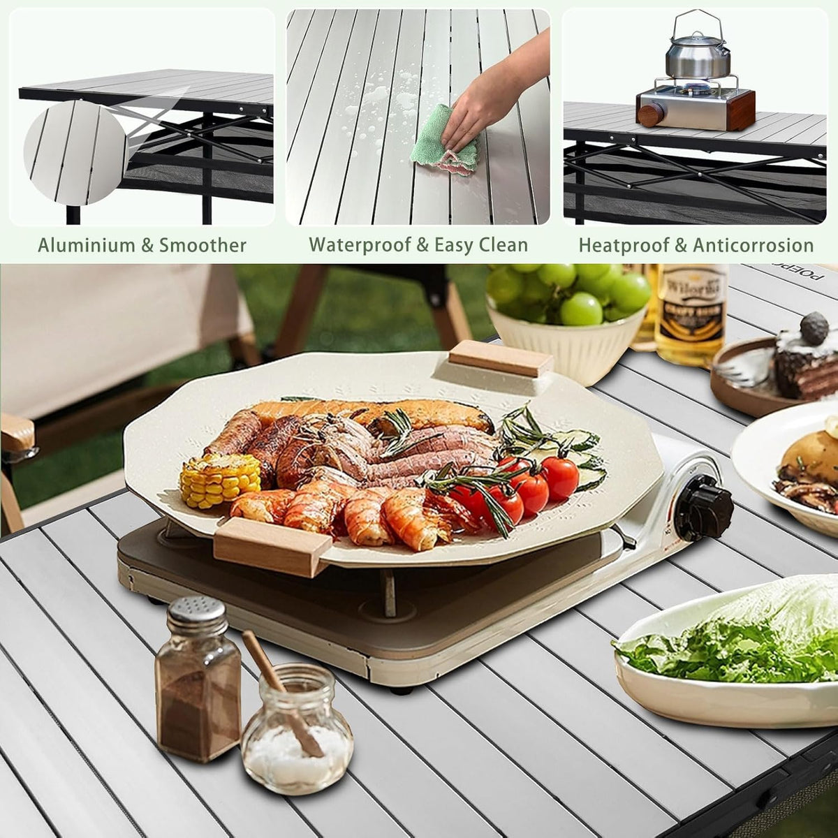 Large Folding Camping Table Aluminum with Storage for 4-6 People 55"X27.5" Roll Up Tall Outdoor Portable Table Lightweight with Carry Bag for Picnic BBQ Backyard Beach