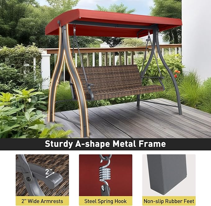 BPS 3 Seat Outdoor Porch Swing with Adjustable Canopy, PE Wicker Patio Swing Chair with Quick-Drying Foam Seat, 882 LBS Capacity, Proch Swings for Deck, Backyard, and Lawn, Red
