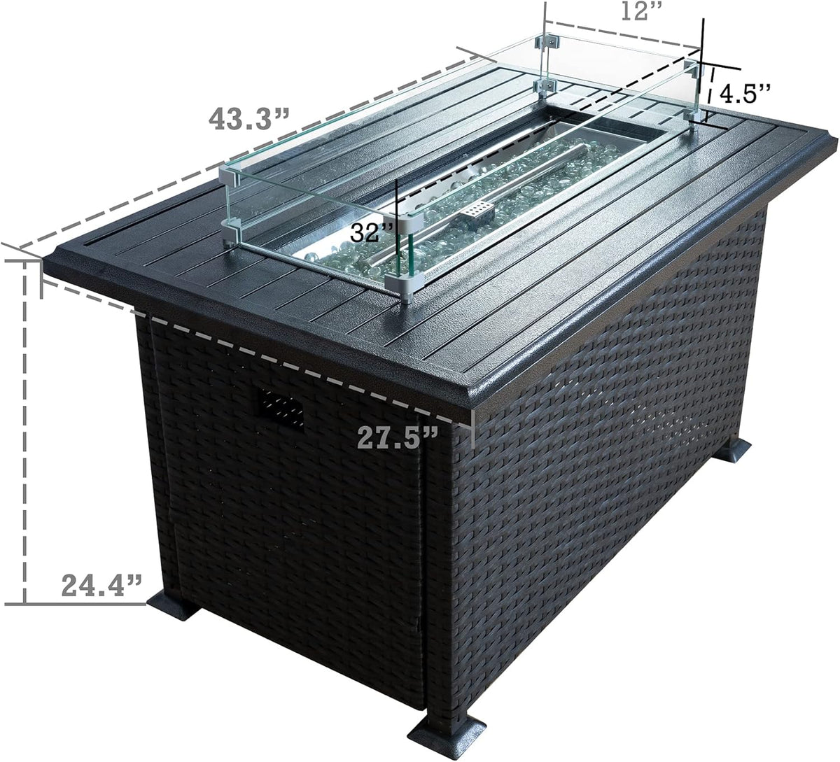 Kozyard Outdoor Patio Propane Gas Fire Pit Table - 50,000 BTU Wicker Design with Aluminum Tabletop, Glass Wind Guard, Clear Glass Rocks, and Slide Out Tank Holder - Ideal Patio Fire Table (Gray)