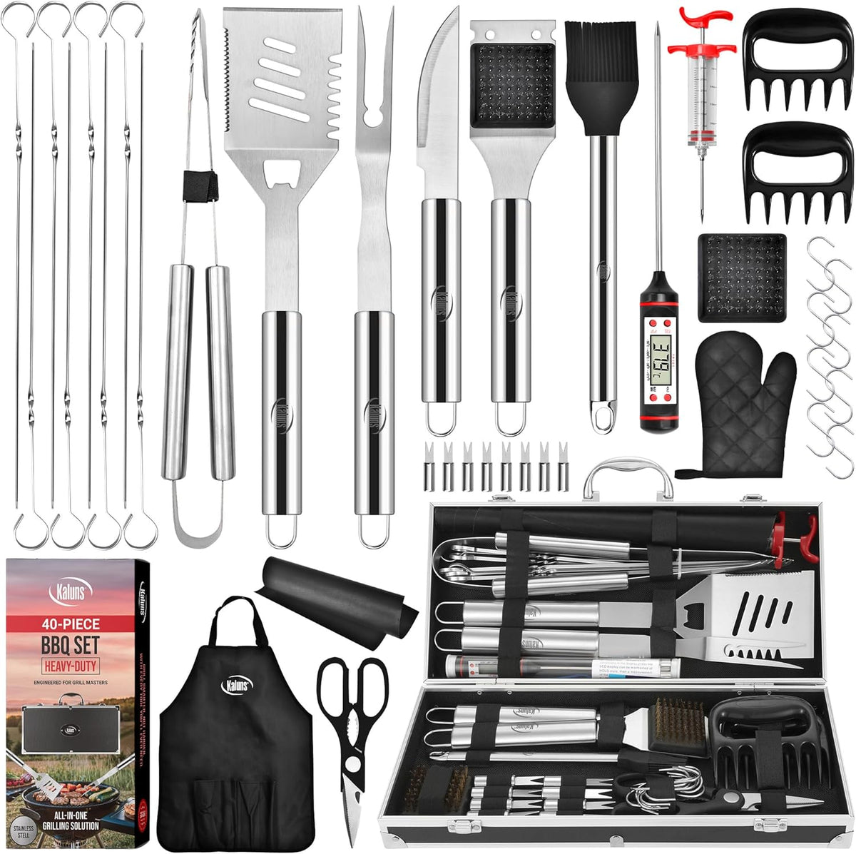 Kaluns BBQ Accessories, Complete Grill Set Dad Gifts for Christamas, 40 Pcs Premium Heavy Duty Stainless Steel Barbecue Grill Accessories for Outdoor Grill Gifts for Men Dad