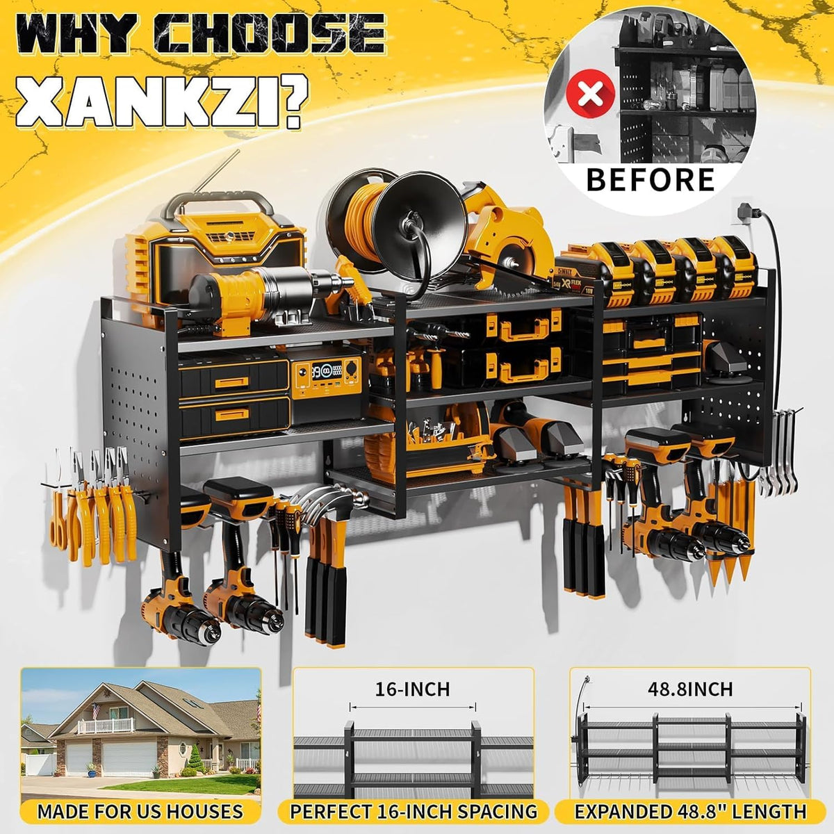 Power Tool Organizer with Charging Station Wall Mount, 3 Layer Expanded Heavy Duty Garage Organization, 48.8 Inch Length Garage Tool Storage, 4 Drill Slot, 16" Standard Hole, Black