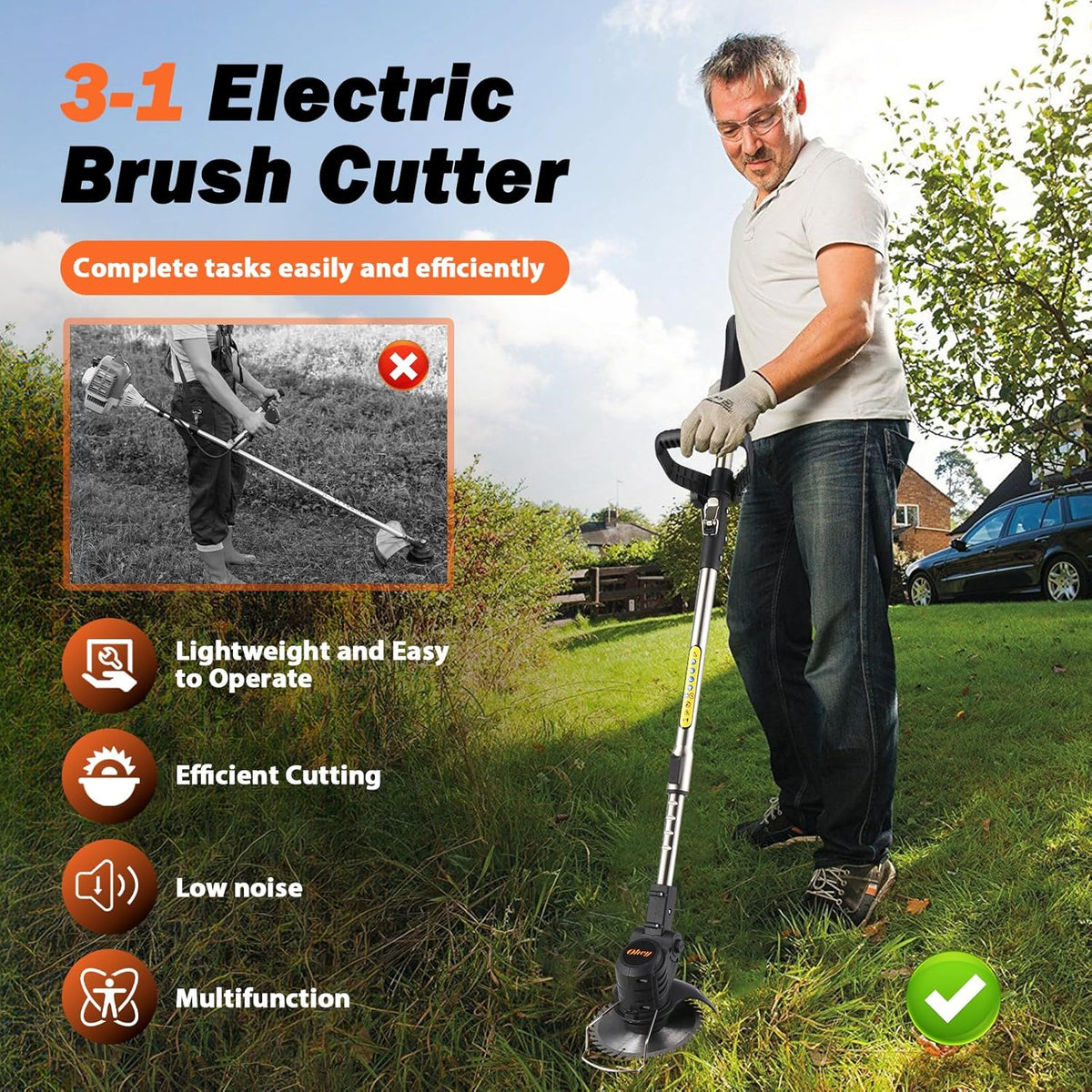 Cordless Weed Wacker, Ohey Electric Brush Cutter, Adjustable Pole Length Weed Eater, Foldable & Lightweight, 3 Blade Types, Battery-Powered Cordless Weed Eater for Lawn, Garden, Yard Work